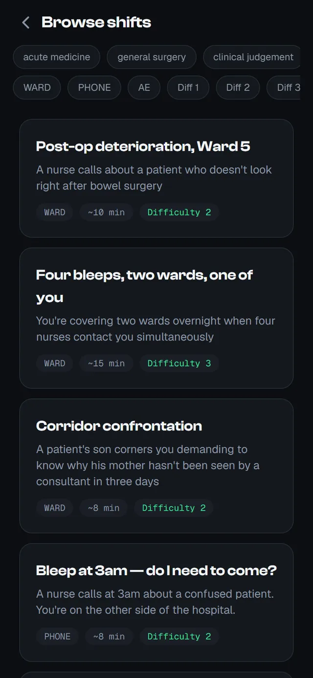 Handcrafted scenarios filtered by setting and difficulty — wards, phones and A&E.