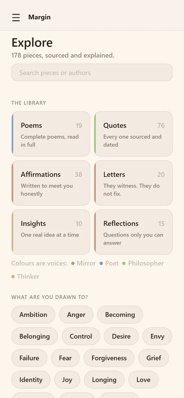 178 pieces across poems, quotes, letters and insights — all sourced, colour-coded by type.