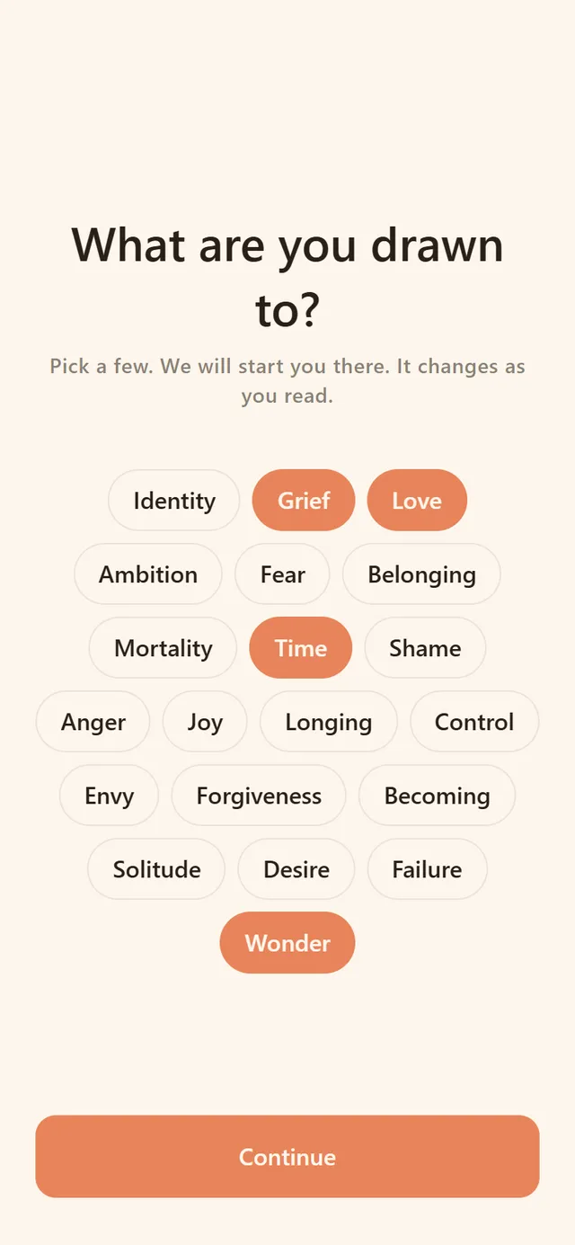 Onboarding asks which themes you’re drawn to — grief, love, wonder — and builds your reading from there.