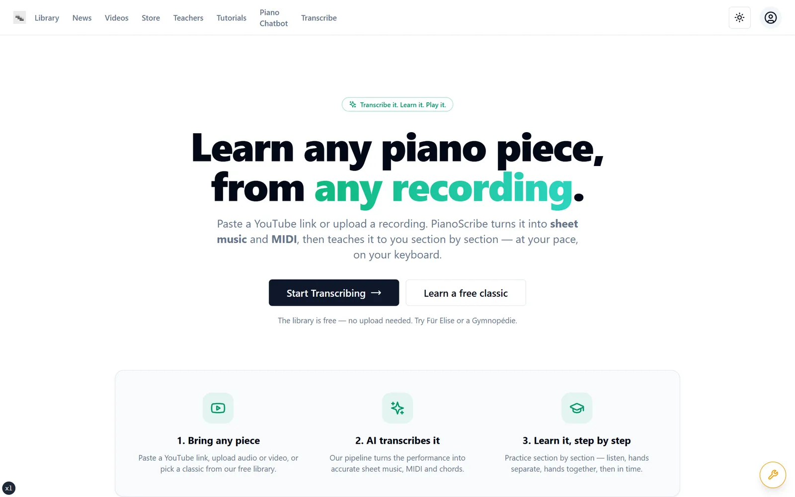 Paste a YouTube link or upload a recording — PianoScribe turns it into sheet music, MIDI and chords.
