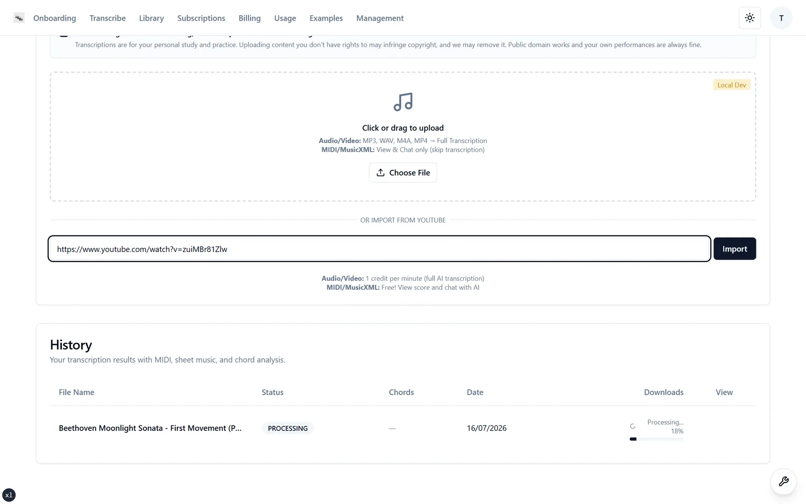 The link goes in and the transcription runs as a background job, with live progress.