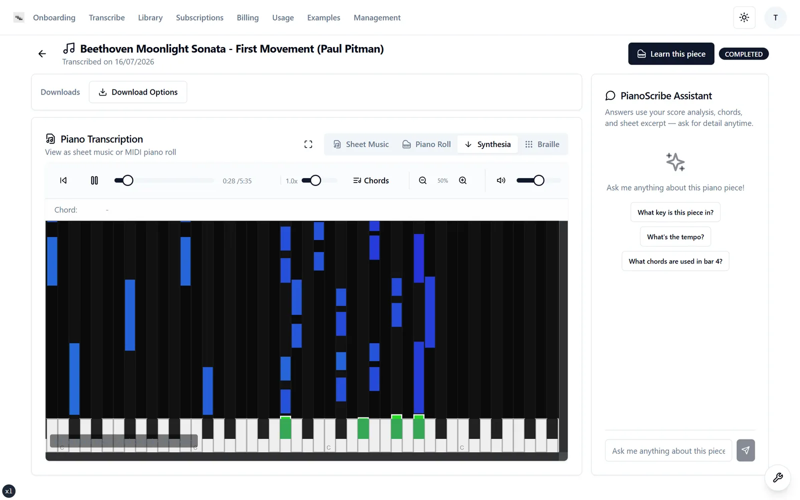 A falling-notes practice view plays it back at any speed, in the browser.