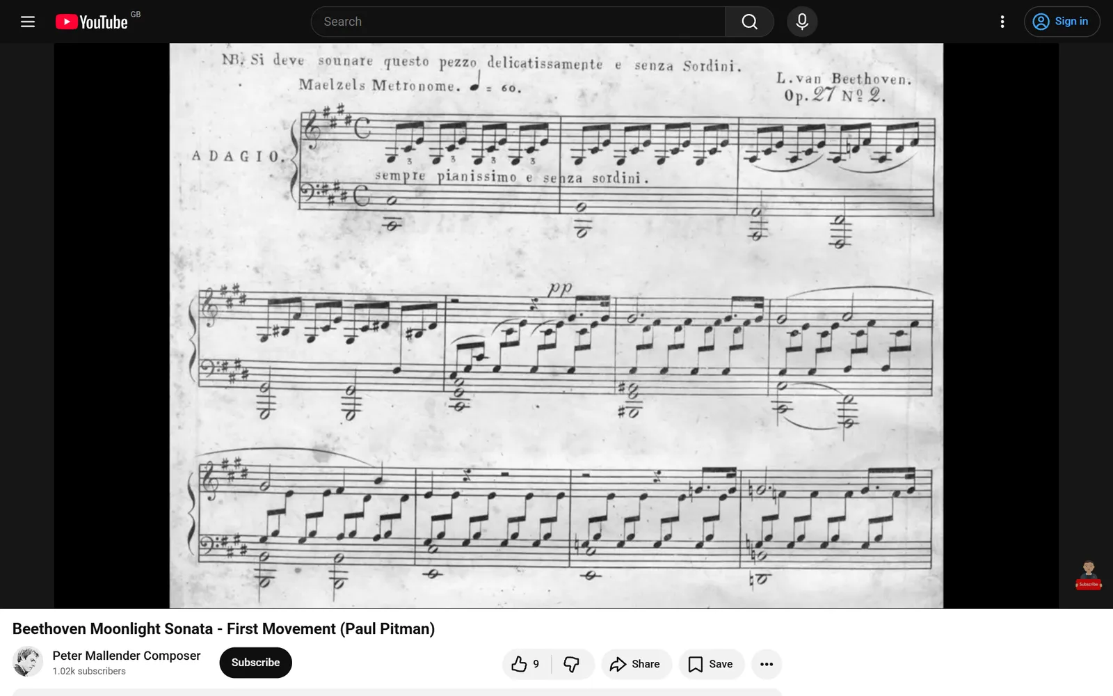 It starts from any YouTube performance — here, a public-domain recording of Beethoven’s Moonlight Sonata.
